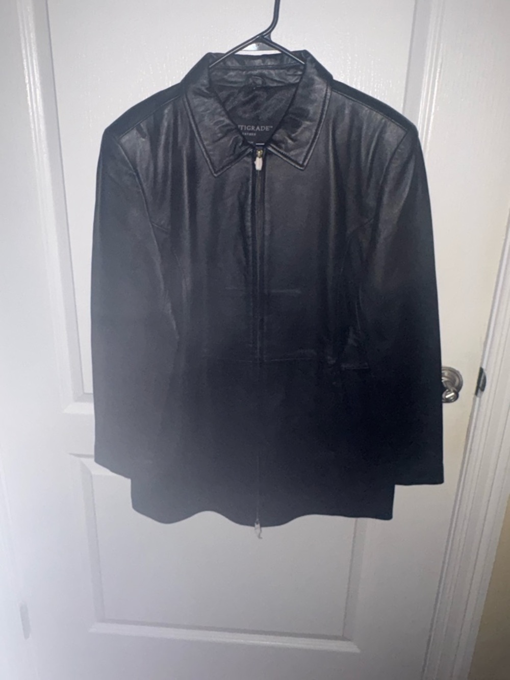 Soft-Collar Black Leather Zip Jacket by